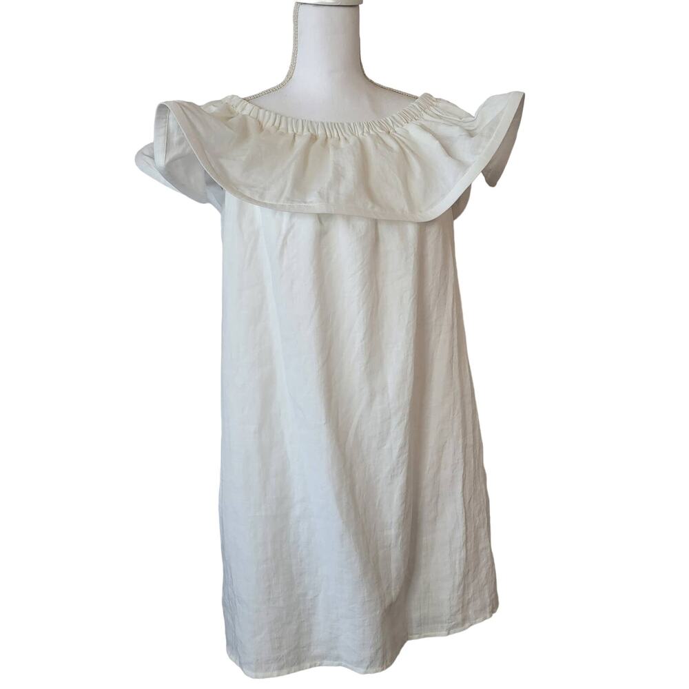 Line & Dot Linen Dress Ruffle Neck Shift Mini White Size M - Picture 6 of 6